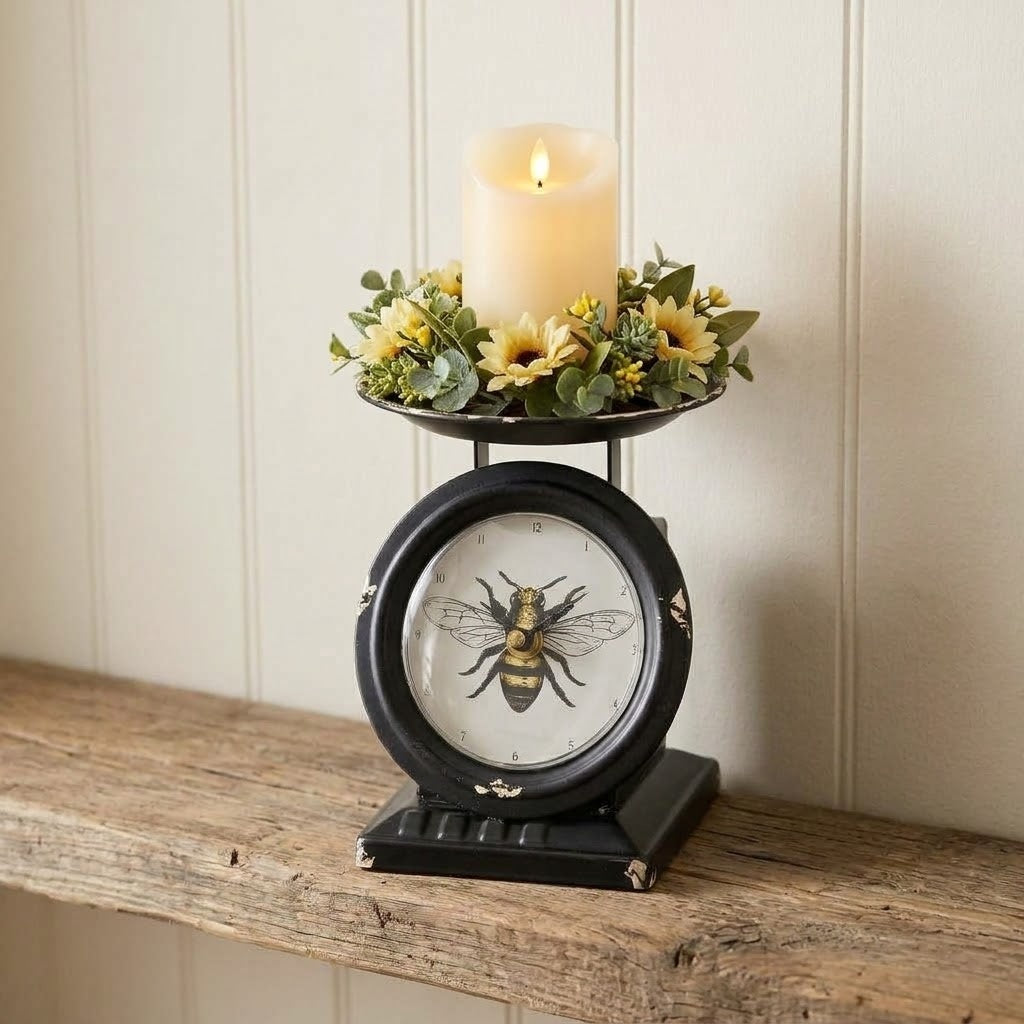 Distressed Vintage Style Black Bee Old Town Metal Scale 7" Tabletop Clock