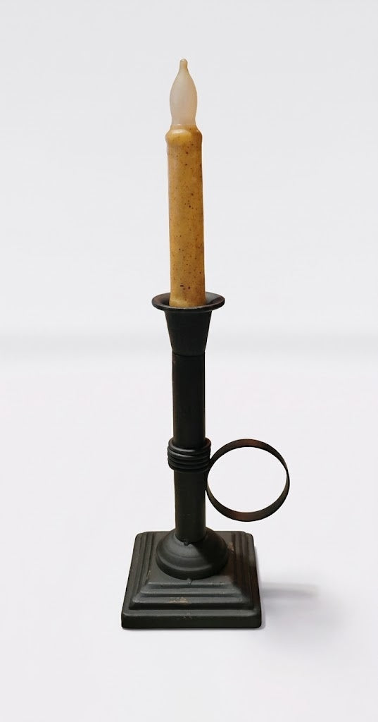 Primitive 8.5" Black Metal Chamberstick Candle Holder with Timer Taper Candle