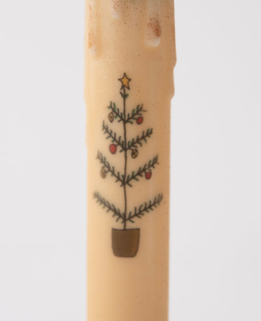 Christmas Tree Primitive Holiday 7" Led Timer Taper Candle and Black Holder Set
