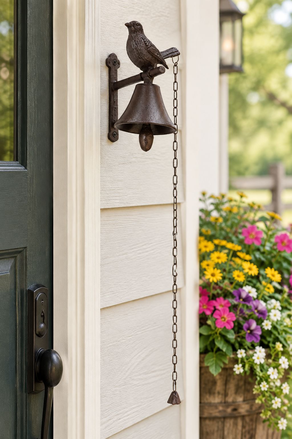 Cast Iron Bird Bell Doorbell with Long Chain – Rustic Country Garden Decor