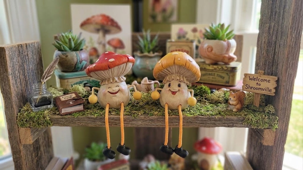 Fairy Garden Mushroom Shelf Sitter Set 2pc Whimsical Dangling Leg Figurines