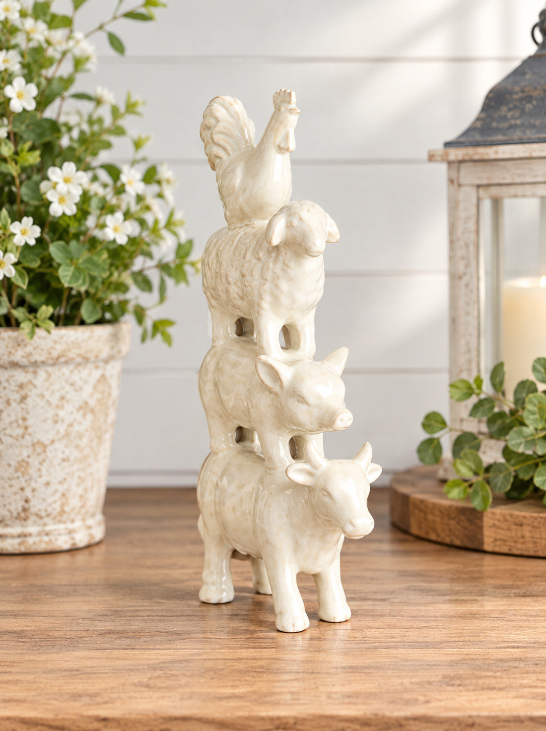 Stacked Farm Animals Ceramic Figurine Country Rustic Rooster Sheep Pig Cow 7"