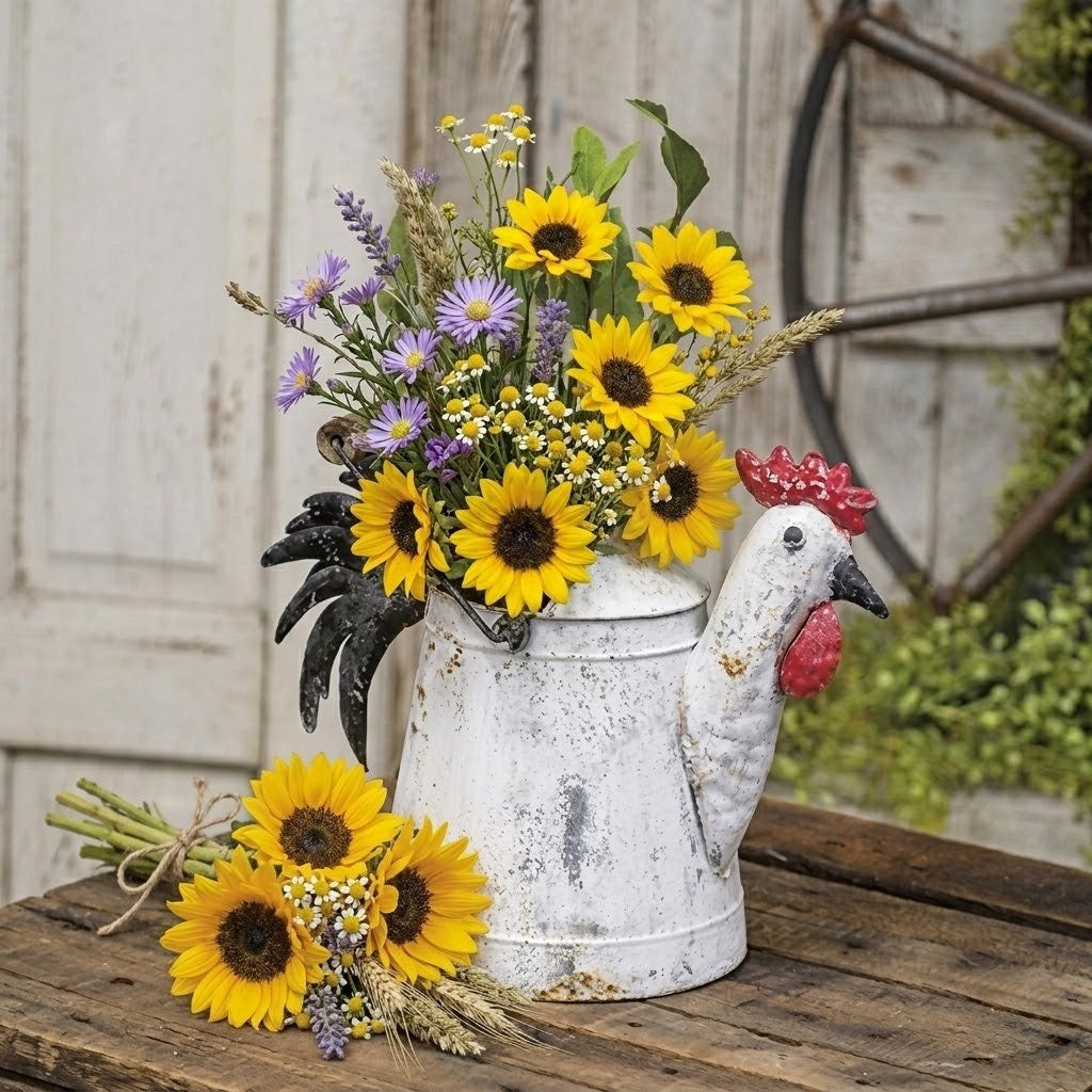 Farmhouse Rooster Decorative Distressed White Galvanized Metal Watering Can
