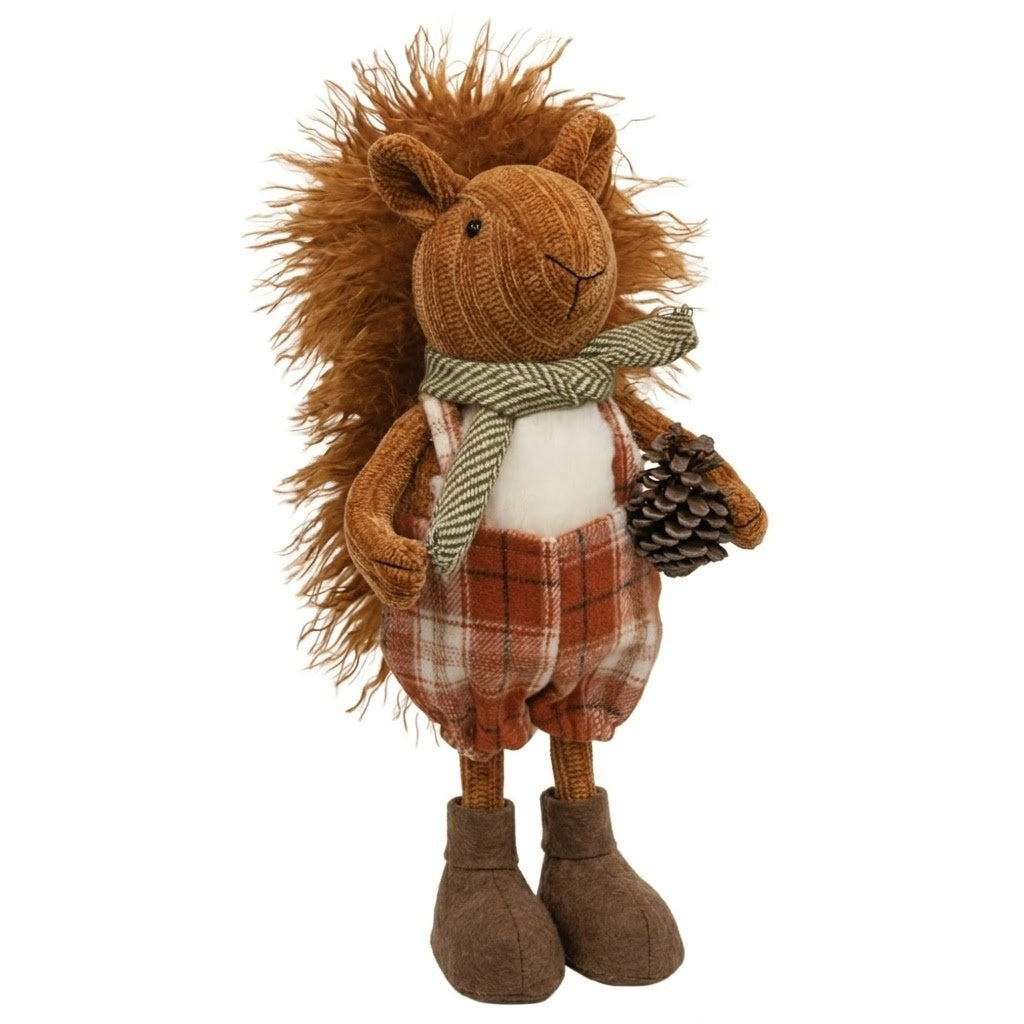 Rustic Squirrelly Harvest Stander – Autumn Figurine with Scarf & Pinecone Accent