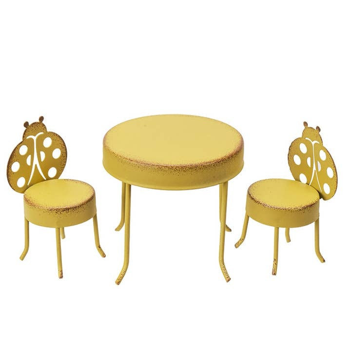 Whimsical Fairy Garden Miniature Yellow Ladybug Metal Chairs and Table Set