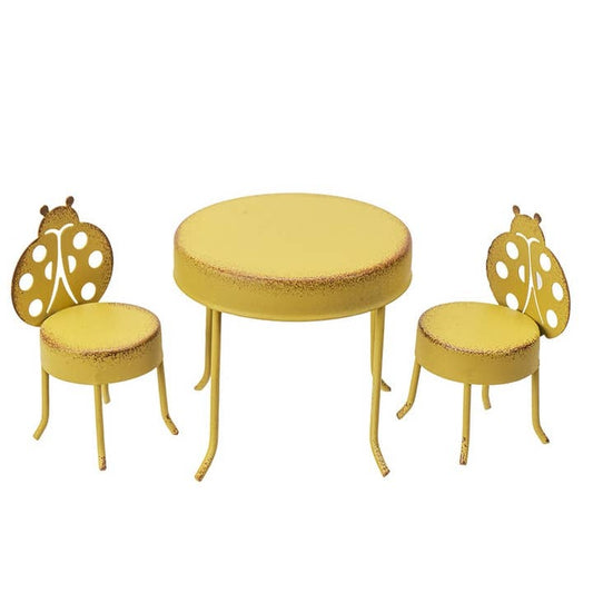 Whimsical Fairy Garden Miniature Yellow Ladybug Metal Chairs and Table Set