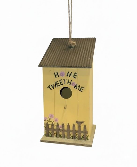 "Home Tweet Home" Whimsical Wooden Yellow Birdhouse with Metal Roof