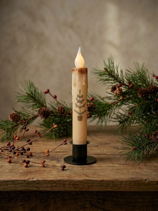 Christmas Tree Primitive Holiday 7" Led Timer Taper Candle and Black Holder Set