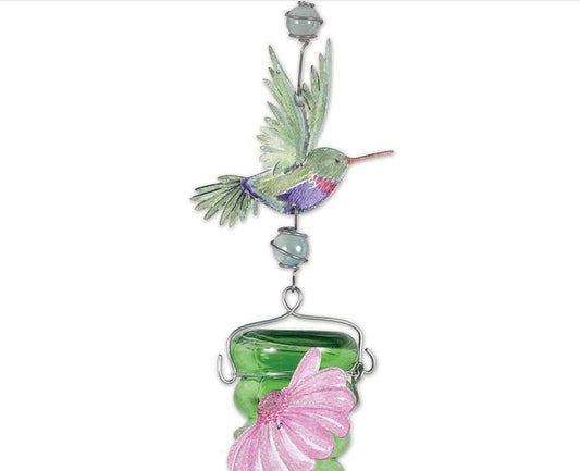Painted Gardens Metal and Glass 27" Decorative Green Hummingbird Feeder