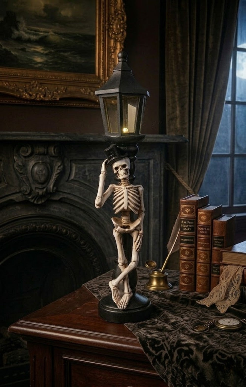 Halloween Top Hat Skeleton 12" Victorian Gothic Lamp Post with Light